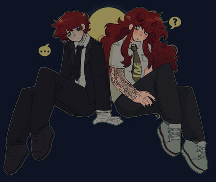 [Two Fullbody, Cell Shaded] Red and Scarlett Laval, in Izuru Kamukura and Hajime Hinata's [SDR2] outfits for Halloween. [10/19/2024]